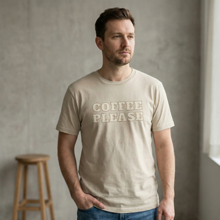 Kokvilnas T-krekls "Coffee Please" | smilšu krāsas